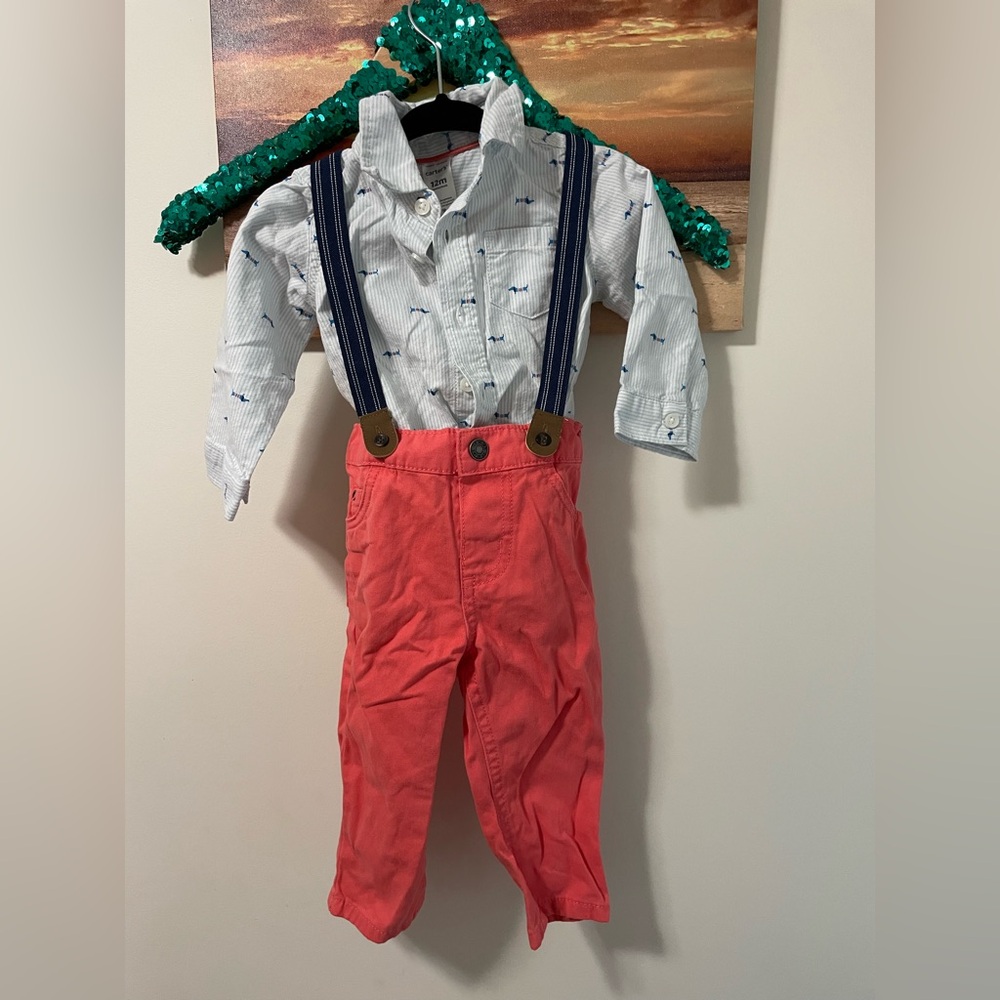 Carter's dress Shirt with red Pants & Navy Suspenders 12m Dog print
